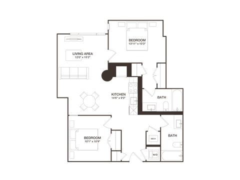 Floor plan for 2 beds, 2 baths, 922 sqft
